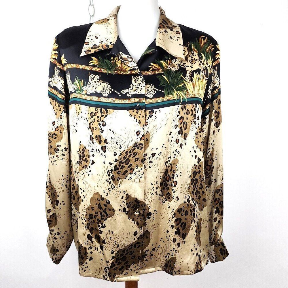VTG 80s JESSICA HOLBROOK Silk Blouse Jungle Cheetah Print Shoulder Pads L